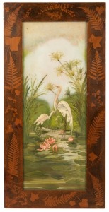 A spatterwork fern pattern picture frame with hand-painted glass bird picture, 84 x 42cm overall