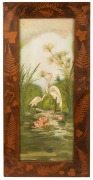 A spatterwork fern pattern picture frame with hand-painted glass bird picture, 84 x 42cm overall