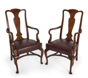 HARRY GOLDMAN (attributed) fine pair of Australian fiddleback blackwood carver chairs with cabriole legs, shepherds crook armrests and burgundy leather upholstery,  110cm high, 55cm across the arms