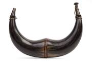 A rare Australian double powder horn, Sydney origin,19th century, engraved with "Government House Parramatta", "Hyde Park Convict Barracks", "Australian Station Dromedary",&nbsp;English Coat-of-Arms, kookaburra and Masonic symbols,&nbsp; 29cm across