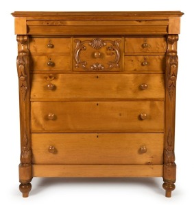 An antique Australian huon pine eight drawer chest with carved corbels and hat drawer, Melbourne origin, circa 1880, ​​​​​​​144cm high, 123cm wide, 60cm deep