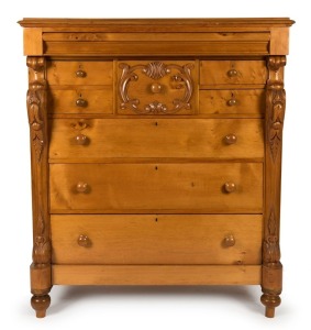 An antique Australian huon pine eight drawer chest with carved corbels and hat drawer, Melbourne origin, circa 1880, 144cm high, 123cm wide, 60cm deep