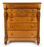 An antique Australian huon pine eight drawer chest with carved corbels and hat drawer, Melbourne origin, circa 1880, ​​​​​​​144cm high, 123cm wide, 60cm deep