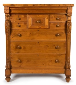 An antique Australian huon pine eight drawer chest with carved corbels and cross-banded edge, circa 1880, 144cm high, 122cm wide, 59cm deep