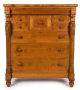 An antique Australian huon pine eight drawer chest with carved corbels and cross-banded edge, circa 1880, 144cm high, 122cm wide, 59cm deep