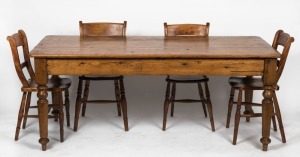 An antique Australian farmhouse kitchen table, kauri pine with three plank celery pine top, South Australian origin, circa 1860s, together with an attractive set of six beech and hardwood cottage chairs, (7 items), the table 74cm high, 183cm wide, 83cm de