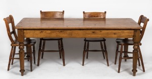 An antique Australian farmhouse kitchen table, kauri pine with three plank celery pine top, South Australian origin, circa 1860s, together with an attractive set of six beech and hardwood cottage chairs, (7 items), the table 74cm high, 183cm wide, 83cm deep