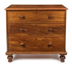 An antique Australian cedar three drawer chest with huon pine secondary timbers, Tasmanian origin, mid 19th century, 92cm high, 100cm wide, 56cm deep