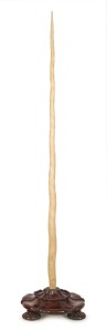 NARWHAL TUSK, an exceptional antique example mounted on a fine carved mahogany base, 19th century, 213cm high