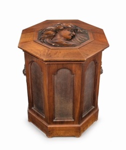 ROBERT PRENZEL fine Australian carved blackwood octagonal lidded pedestal wood box with impressively carved female portrait to the top, and beautifully carved stylized lion handles, signed "R. Prenzel" on the lid, early 20th century.