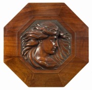 ROBERT PRENZEL fine Australian carved blackwood octagonal lidded pedestal wood box with impressively carved female portrait to the top, and beautifully carved stylized lion handles, signed "R. Prenzel" on the lid, early 20th century. - 2