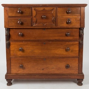 An antique Australian cedar seven drawer chest with cantilever top and carved corbels, South Australian origin, 19th century, 126cm high, 119cm wide, 53cm deep