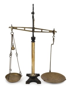 BANKER'S SCALES antique brass and iron example by AVERY, 19th century, 84cm high. PROVENANCE: Private collection Bendigo