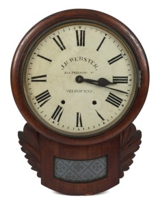 An antique drop-dial wall clock with spring driven movement, with retailer's details on the dial "J.R. WEBSTER 103 SWANSTON ST. MELBOURNE", 19th century. Note: American movement in English mahogany case. 53cm high overall with 12" dial