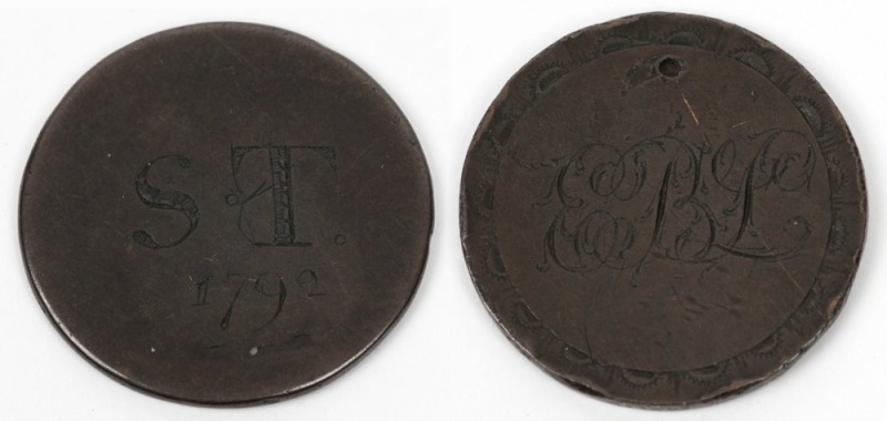 Convict love tokens, one engraved "S. T. 1799" and the other with monogram "E. B. L.", (2 items)