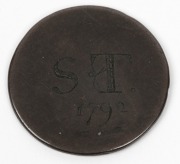 Convict love tokens, one engraved "S. T. 1799" and the other with monogram "E. B. L.", (2 items) - 2