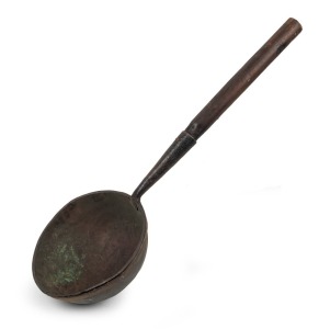 An antique whale blubber oil ladle, copper and iron with wooden handle, 19th century. Rare. 84cm long