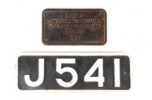Railway Engine Plates; "Built by Metropolitan-Cammell Carriage & Wagon Co. Ltd. England 1950", 22 x 12.5cm. Plus "J541" on cast metal in white on black finish.39.5 x 13.3cm