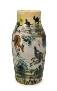 ARTHUR MERRIC BOYD & NEIL DOUGLAS impressive pottery vase adorned with numerous kangaroos in grasstree landscape, incised "A. M. B. Australia, Neil Douglas, 1951", 27cm high