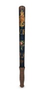 An antique truncheon with original blue painted finish, detailed with gilded highlights and Queen Victoria cypher "V. R.", 47cm long