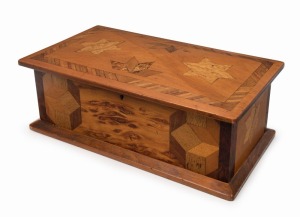 An antique New Zealand specimen timber box inlaid with star motif, 19th century, 13cm high, 33cm wide, 18cm deep
