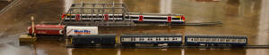 HO TRAIN SET, noted locomotives (5) with Lima DB E410001, Hornby GB Inter-City 125, Bachmann Amtrak 231 & Class 25/3 Diesel, Ahearn 3137; rolling stock; track; boxed Tri-ang Hornby station, freightliner depot, crane car; transformers. Also cigarette cards