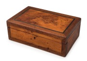 An antique Australian work box, houn pine and cedar with whale baleen inlay. Interior fitted with lift out compartment tray and two secret drawers. Tasmanian origin, 19th century, 10cm high, 27cm wide, 18cm deep