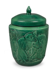 KLYTIE PATE green glazed lidded pottery vessel handsomely adorned with cats in high relief, incised "Klytie Pate",