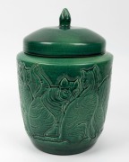 KLYTIE PATE green glazed lidded pottery vessel handsomely adorned with cats in high relief, incised "Klytie Pate", - 2
