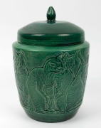 KLYTIE PATE green glazed lidded pottery vessel handsomely adorned with cats in high relief, incised "Klytie Pate", - 3
