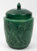 KLYTIE PATE green glazed lidded pottery vessel handsomely adorned with cats in high relief, incised "Klytie Pate", - 4