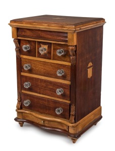 An antique Australian apprentice chest, cedar and honeysuckle with original glass knobs, South Australian origin, 19th century, 59cm high, 38cm wide, 31cm deep