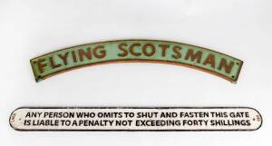 Cast iron signs; Flying Scotsman & a Forty Shilling penalty. Late 20th century reproduction. 90cm & 97cm