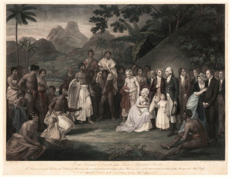 FRANCESCO BARTOLOZZI, R.A. (1727-1815) engraver, ROBERT SMIRKE, R.A . (1753-1845) (after), "The Cession of The Distrcit of Matavai in the Island of Otaheite to Captain James Wilson for the use of the Missionaries... in the Ship Duff", published by Will'm