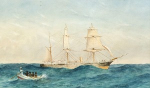 M. GILLETT (?), "HMS Opal, New Hebrides 1886", watercolour, signed, titled and dated lower right and centre "M. Gillett HMS OPAL NEW HEBRIDES 1886", 22 x 38cm, 65 x 88cm overall