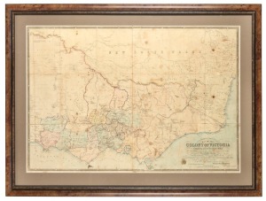 TULLOCH & BROWN, Melbourne, "Map Of The Colony Of Victoria 1856, Comprising Part Of New South Wales, The Boundaries, Counties Also Seaport & Inland Townships, The Gold Fields With The Latest Discoveries, Roads, Tracks, &c. &c Compiled From Drawings In The Survey Office And Correctly Revised Til 1856", steel engraving with contemporary hand-colouring. An extremely rare map. 58 x 84cm sectioned and laid down on linen, 77 x 102cm framed and glazed.
