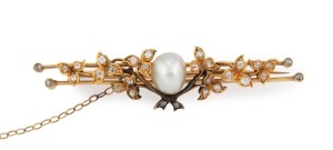 JOHN ROWLAND of Queen Street in Melbourne, antique Australian 18ct yellow gold bar brooch with natural pearl and white diamonds, circa 1890, stamped "ROWLAND, 18ct". 5cm wide, 6.2 grams