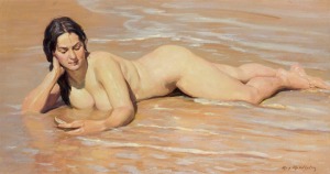 MAX MIDDLETON (1922-1913), untitled female nude on the beach, oil on canvas, signed lower right "Max Middleton", 41 x 76cm, 63 x 99cm overall