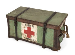 World War One field hospital case, canvas, leather, wicker and rope with iron fittings, ​​​​​​​37cm high, 75cm wide, 35cm deep