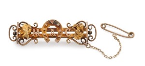 CHARLES HENRY MAY (attributed) Western Australia antique 15ct gold brooch with horseshoe and gold nugget specimens emblazoned with the name "MAC" across the front, 19th century, stamped "15ct", 5.2cm wide, 12.1 grams
