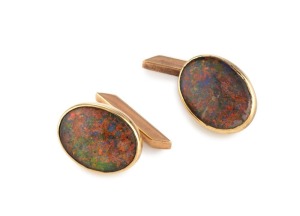 A pair of antique cufflinks, 9ct gold and opal doublets, housed in a Thomas Gaunt & Co. box