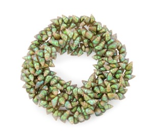 A stunning Tasmanian mariner shell bead necklace bearing fine large shell specimens strung on waxed cotton thread, 115cm long