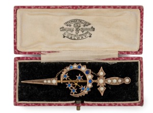 WILLIS & SONS of Melbourne "SOUTHERN CROSS" brooch in 9ct yellow gold, blue stones and seed pearls, 19th century, stamped "9.W." with unicorn mark, an impressive 7.7cm wide, 5.5 grams total