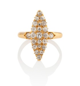 DAVIS of Melbourne rare 18ct yellow gold ring with marquis shaped pave diamond setting (approximately 0.5ct). Retailed by CADBY,&nbsp;19th century, stamped "18" flanked by pictorial maker's marks, plus "L.CADBY", 4.1 grams
