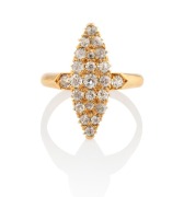 DAVIS of Melbourne rare 18ct yellow gold ring with marquis shaped pave diamond setting (approximately 0.5ct). Retailed by CADBY,&nbsp;19th century, stamped "18" flanked by pictorial maker's marks, plus "L.CADBY", 4.1 grams
