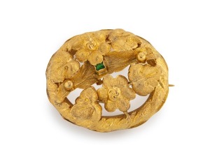 LAMBOURNE & WAGNER of Melbourne, 15ct yellow gold foliate brooch, set with an emerald, circa 1870, stamped "L. & W." flanked by crowns, ​​​​​​​4cm wide, 5.6 grams