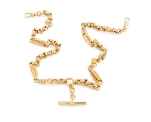 An antique 9ct yellow gold Albert fob chain with fancy link, 19th century, ​​​​​​​51cm long, 63 grams