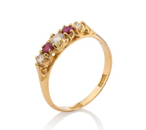LAZARUS of Perth Western Australia, antique 18ct gold ring three white diamonds and two rubies, early 20th century, stamped "18ct" with rare pictorial fish mark, 3.2 grams