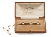 AUGUSTUS LUDWIG BRUNKHORST&nbsp;stunning antique Australian 18ct yellow gold brooch, set with three impressive aquamarines, 19th/20th century, stamped "A.L.B. 18ct", and housed in original plush fitted case branded "A.L. BRUNKHORST&nbsp;LATE STEINER JEWELLER, ADELA