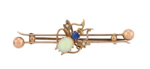 An antique 9ct gold insect brooch, set with a solid polished opal and blue sapphire, 19th century, 5.3cm wide, 3.4 grams